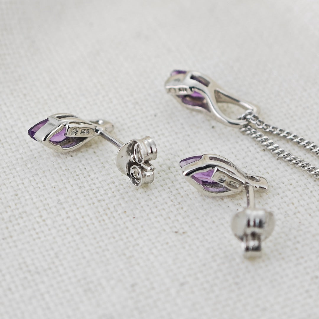 Amethyst Set Neklace Earrings Sterling Silver Studs Minimalist Marquise