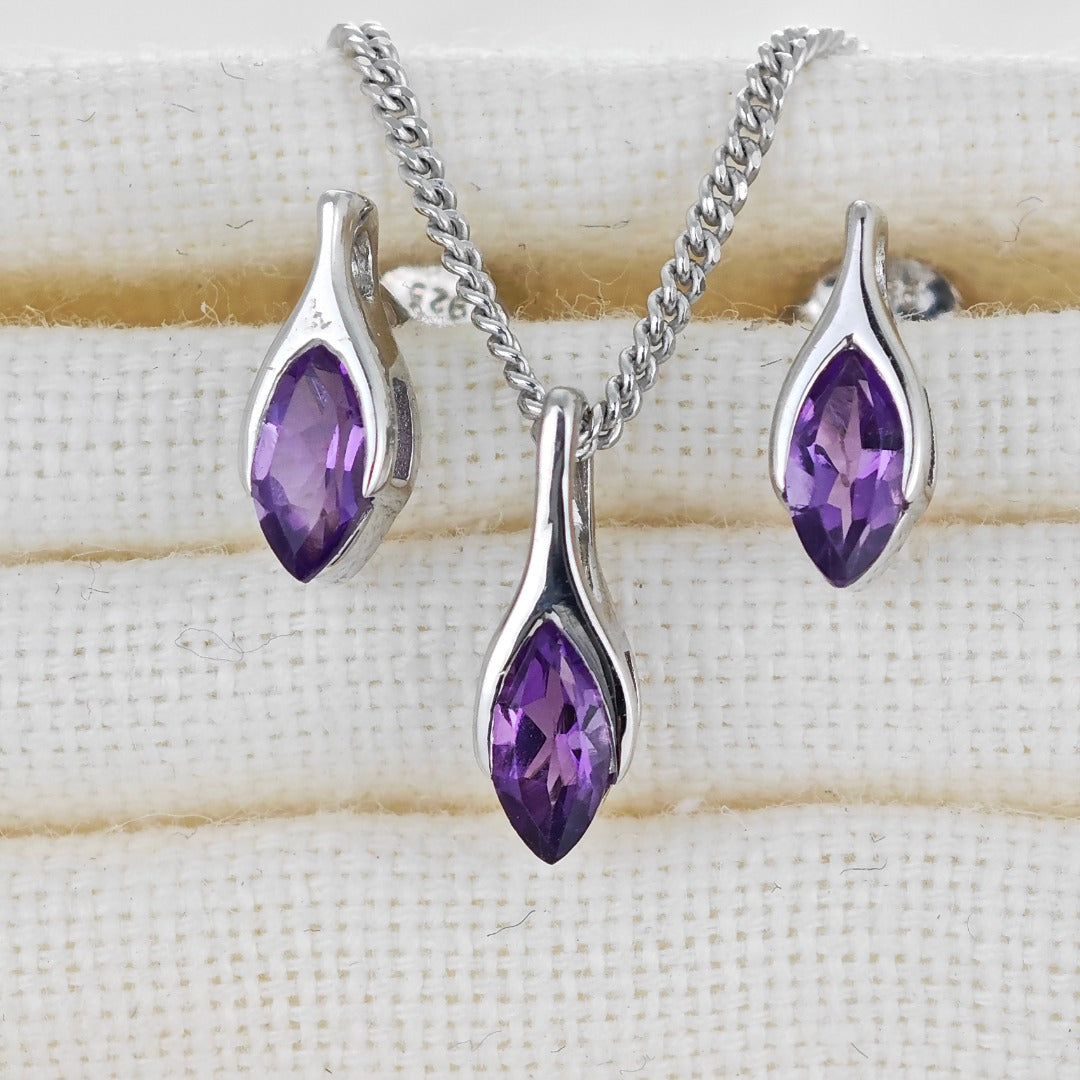 Amethyst Set Neklace Earrings Sterling Silver Studs Minimalist Marquise