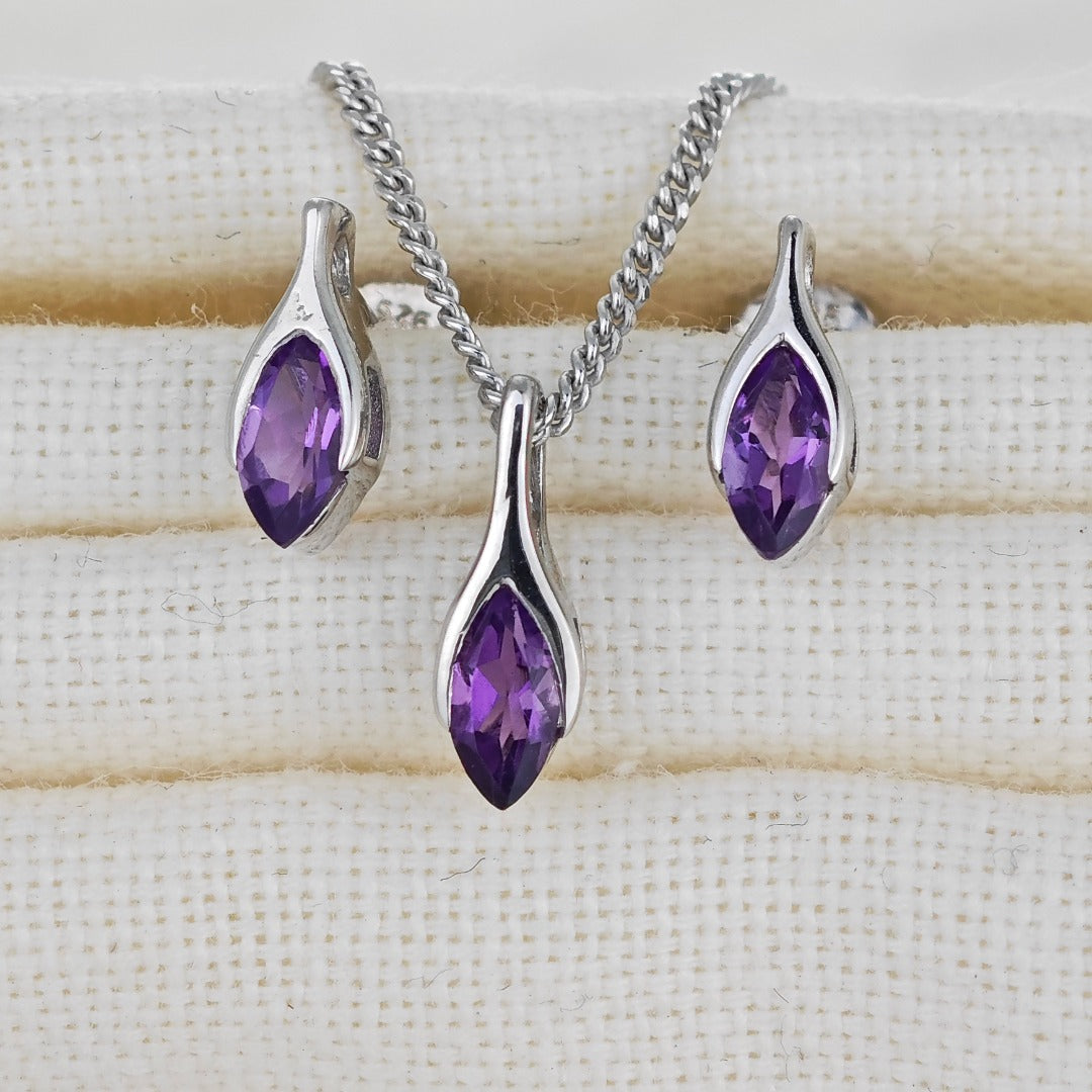 Amethyst Set Neklace Earrings Sterling Silver Studs Minimalist Marquise