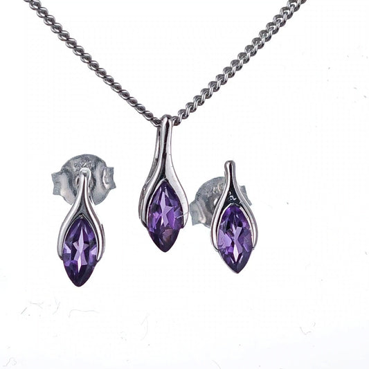 Amethyst Set Neklace Earrings Sterling Silver Studs Minimalist Marquise