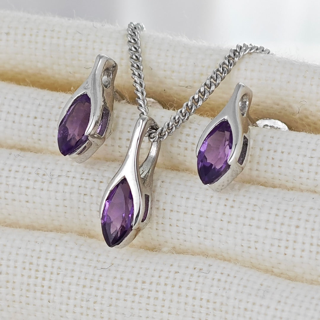 Amethyst Set Neklace Earrings Sterling Silver Studs Minimalist Marquise