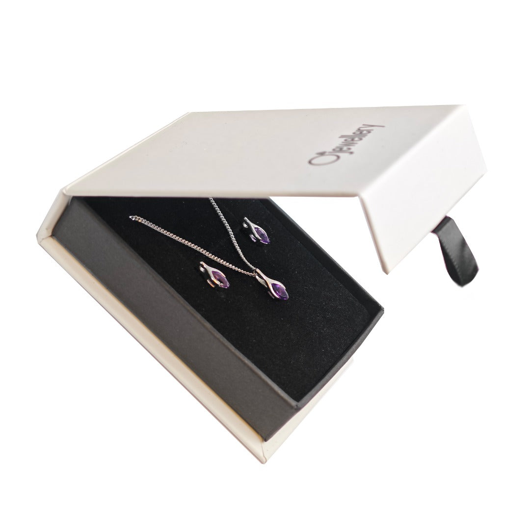 Amethyst Set Neklace Earrings Sterling Silver Studs Minimalist Marquise