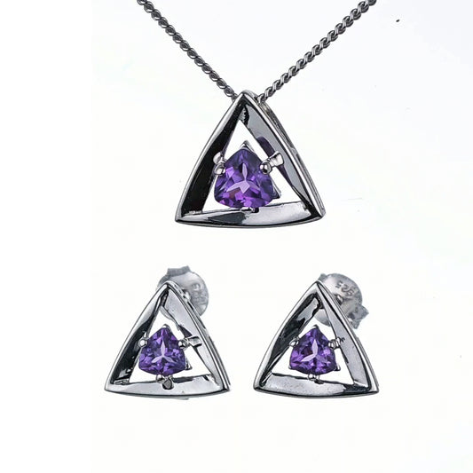 Amethyst Set Necklace Earrings Sterling Silver Studs Trillion