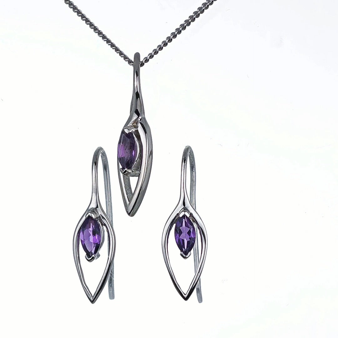 Amethyst Set Earrings Pendant Sterling Silver Marquise Infinity Loop