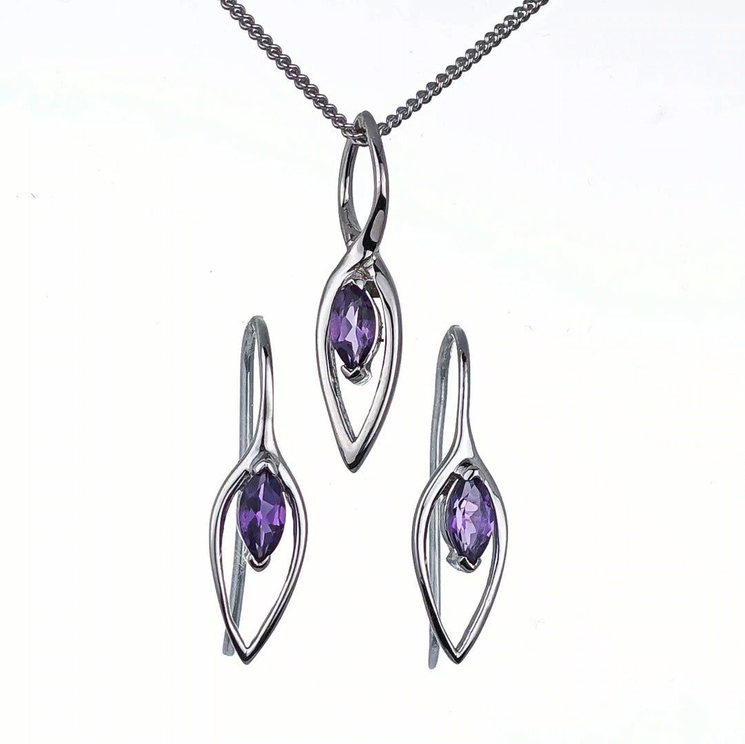 Amethyst Set Earrings Pendant Sterling Silver Marquise Infinity Loop