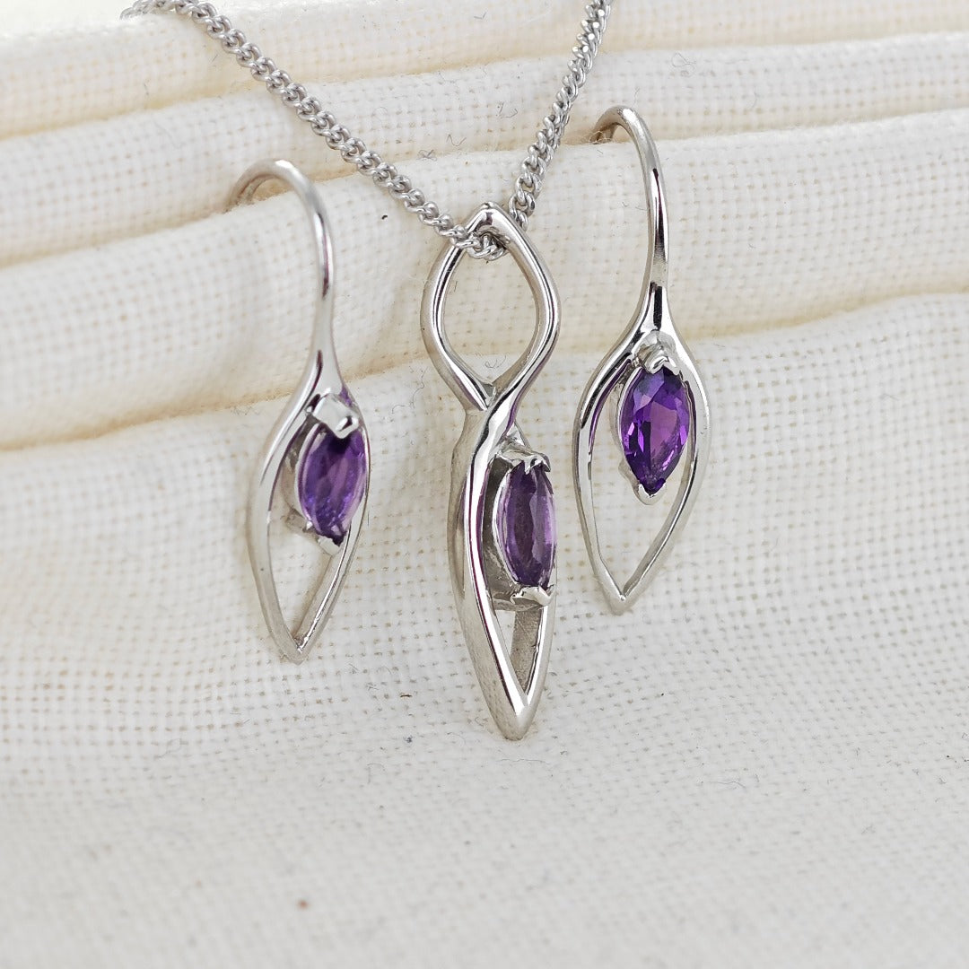 Amethyst Set Earrings Pendant Sterling Silver Marquise Infinity Loop