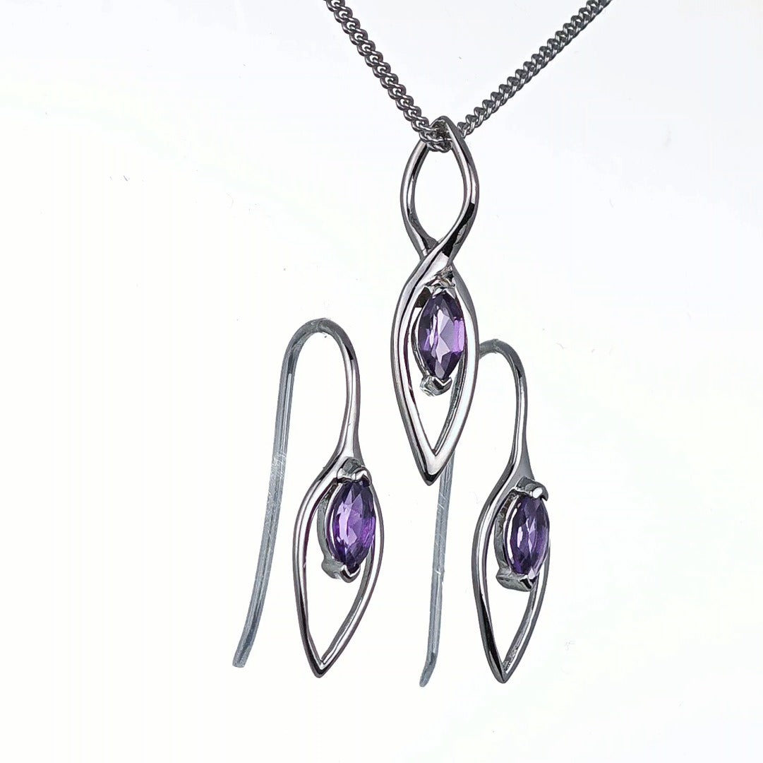 Amethyst Set Earrings Pendant Sterling Silver Marquise Infinity Loop