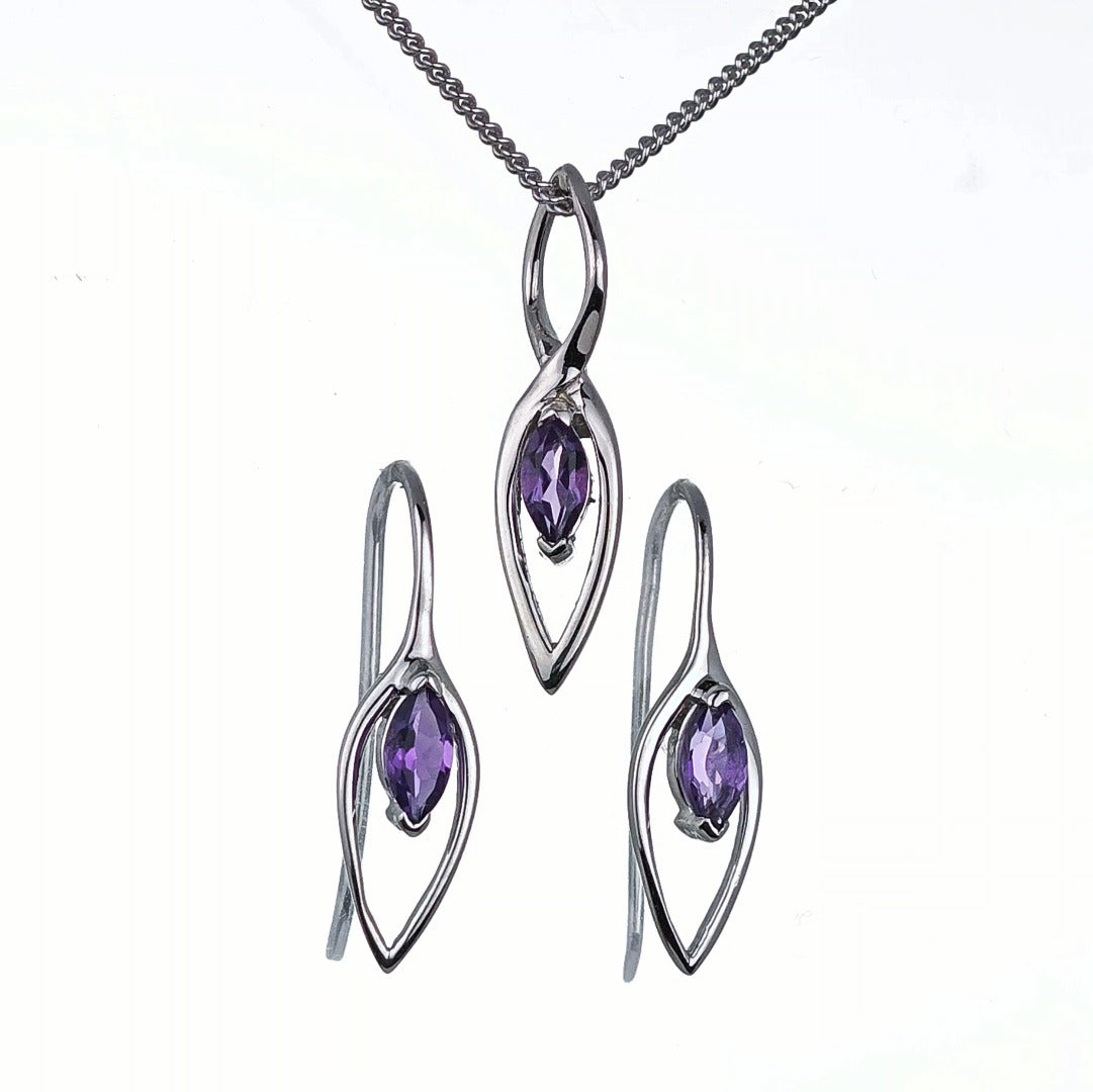 Amethyst Set Earrings Pendant Sterling Silver Marquise Infinity Loop