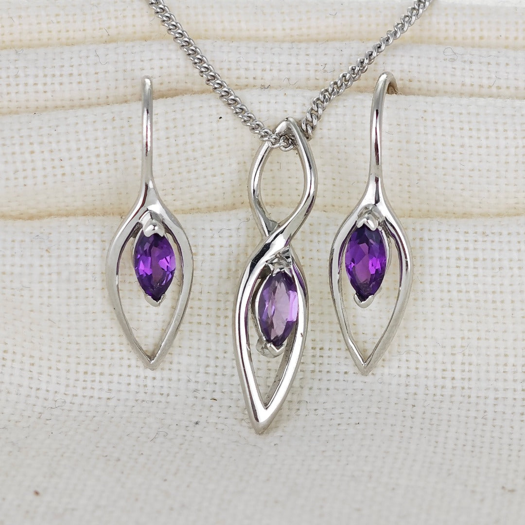 Amethyst Set Earrings Pendant Sterling Silver Marquise Infinity Loop