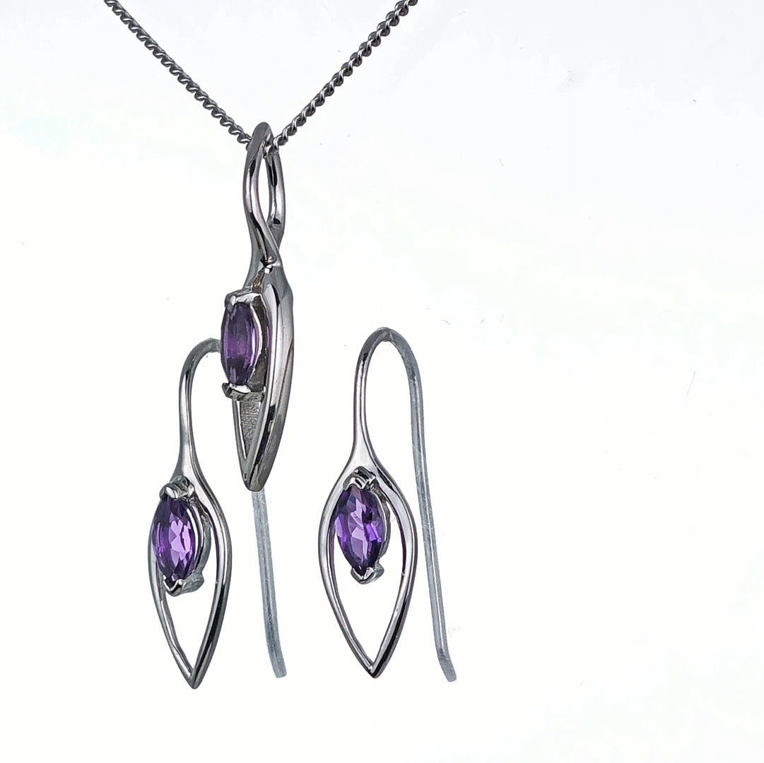 Amethyst Set Earrings Pendant Sterling Silver Marquise Infinity Loop