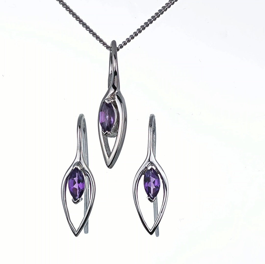 Amethyst Set Earrings Pendant Sterling Silver Marquise Infinity Loop