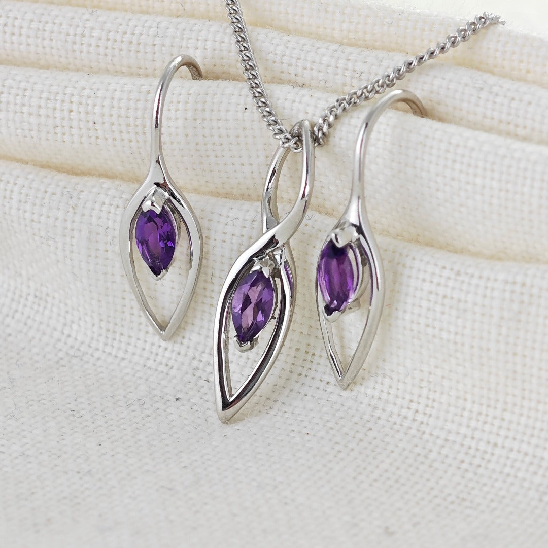 Amethyst Set Earrings Pendant Sterling Silver Marquise Infinity Loop