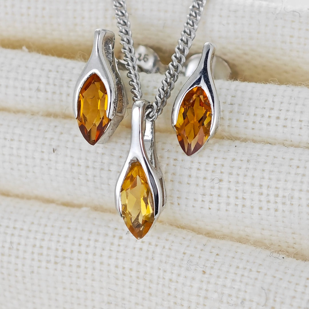 Citrine Set Necklace Earrings Sterling Silver Studs Minimalist Marquise