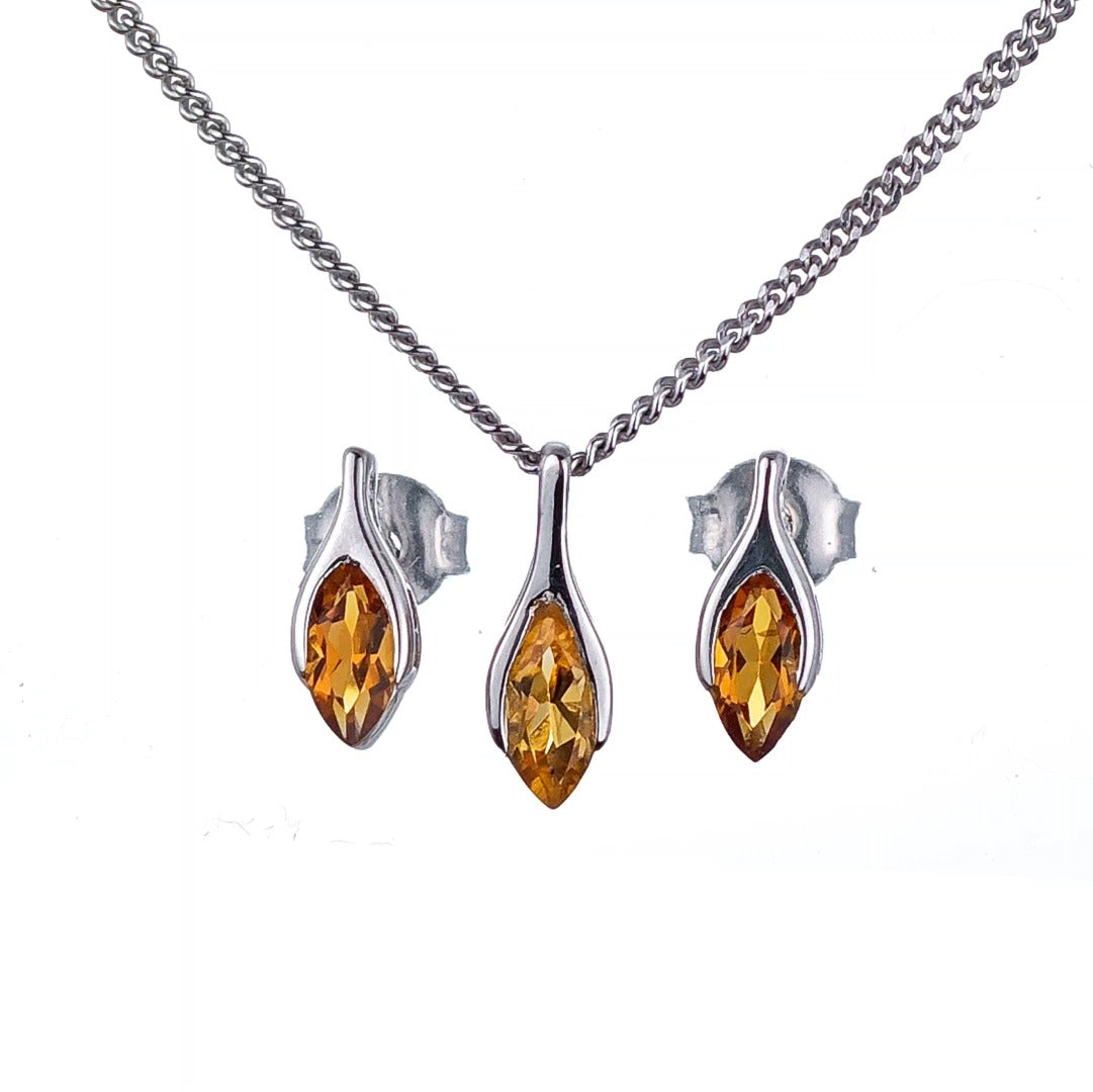 Citrine Set Necklace Earrings Sterling Silver Studs Minimalist Marquise