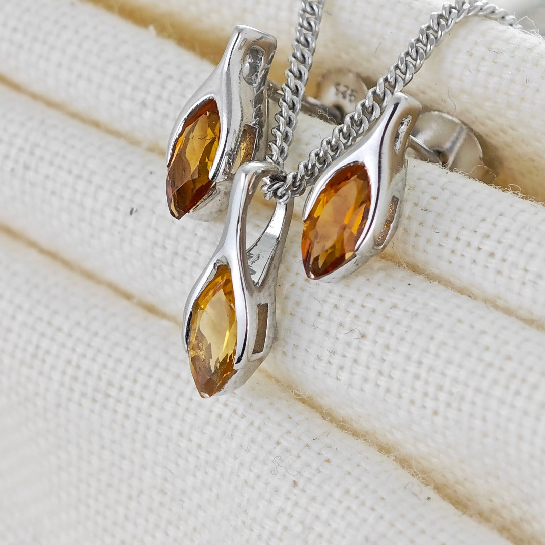 Citrine Set Necklace Earrings Sterling Silver Studs Minimalist Marquise