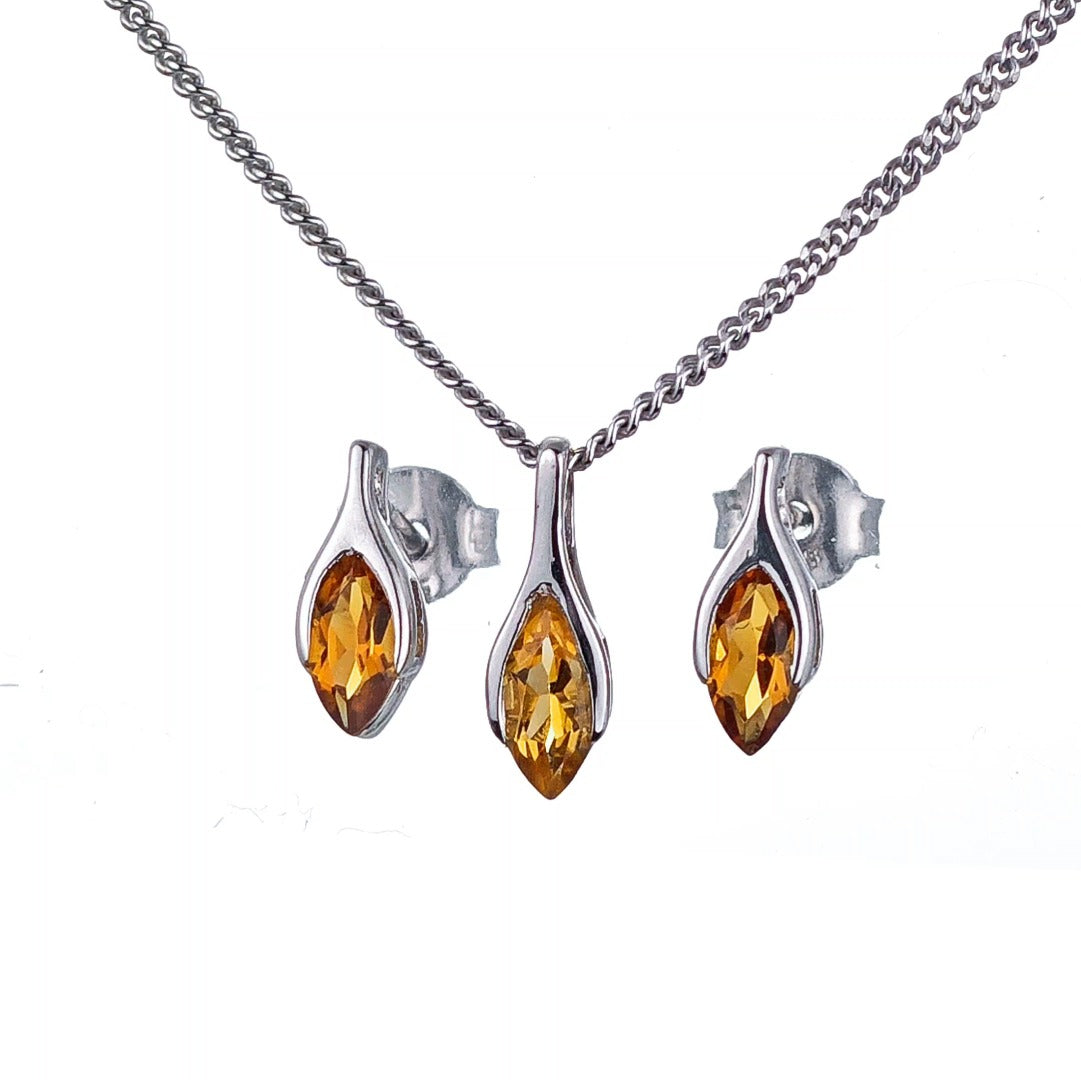 Citrine Set Necklace Earrings Sterling Silver Studs Minimalist Marquise