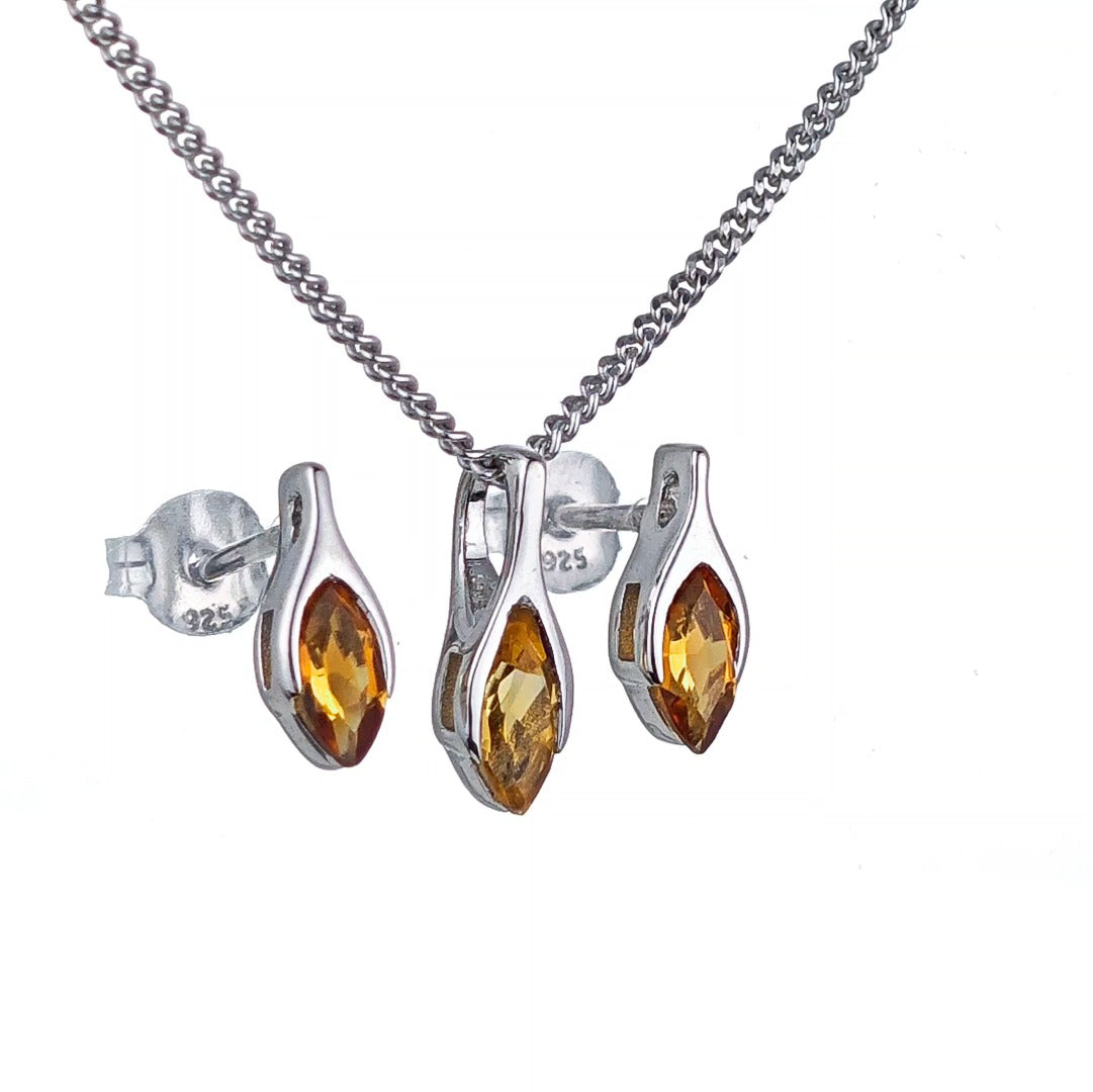 Citrine Set Necklace Earrings Sterling Silver Studs Minimalist Marquise