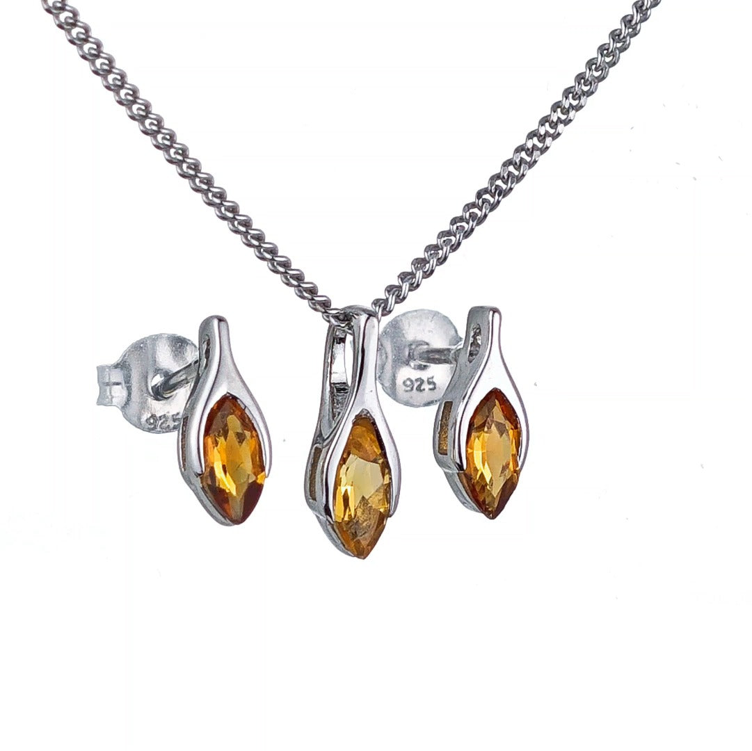 Citrine Set Necklace Earrings Sterling Silver Studs Minimalist Marquise