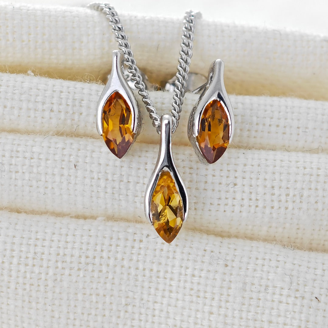 Citrine Set Necklace Earrings Sterling Silver Studs Minimalist Marquise