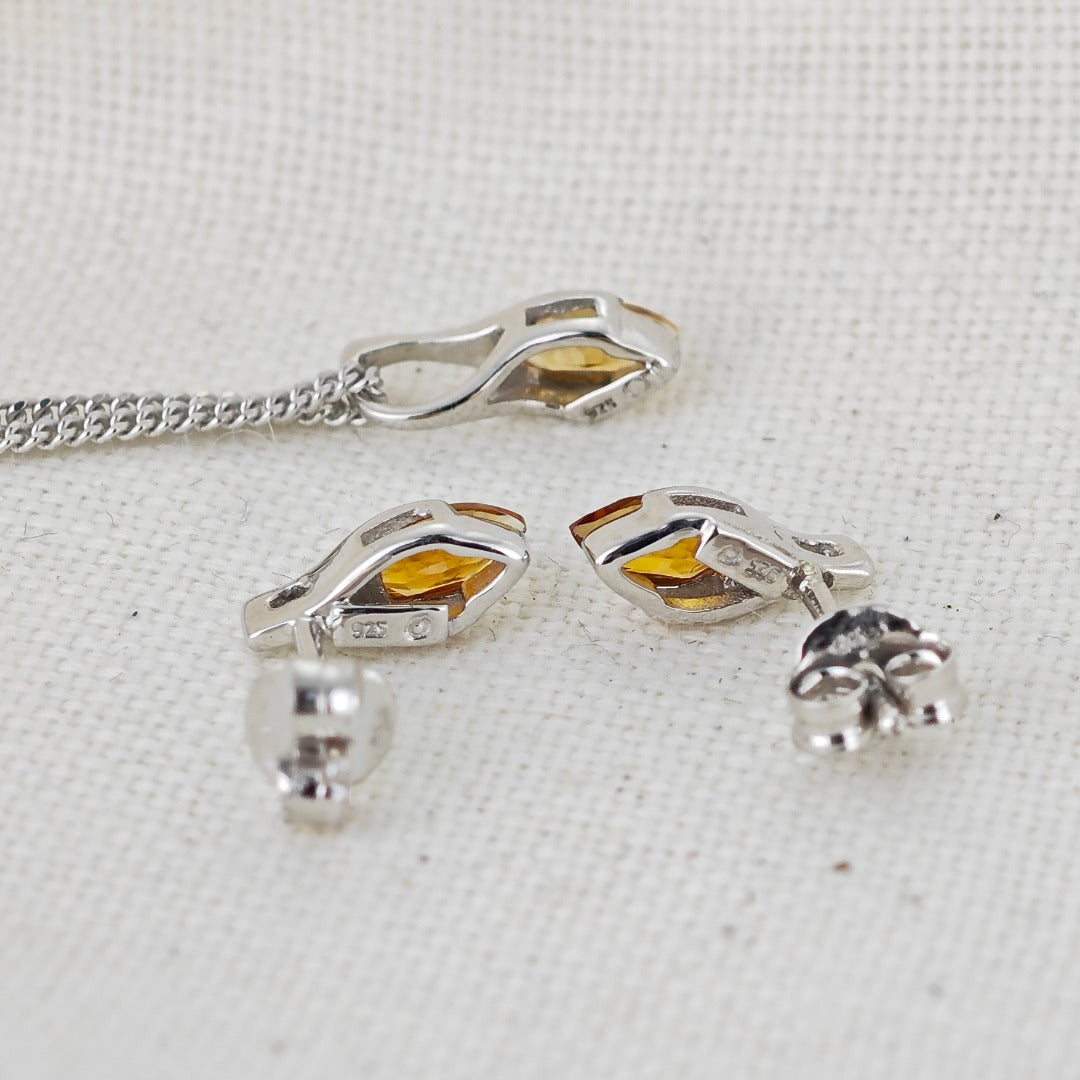 Citrine Set Necklace Earrings Sterling Silver Studs Minimalist Marquise