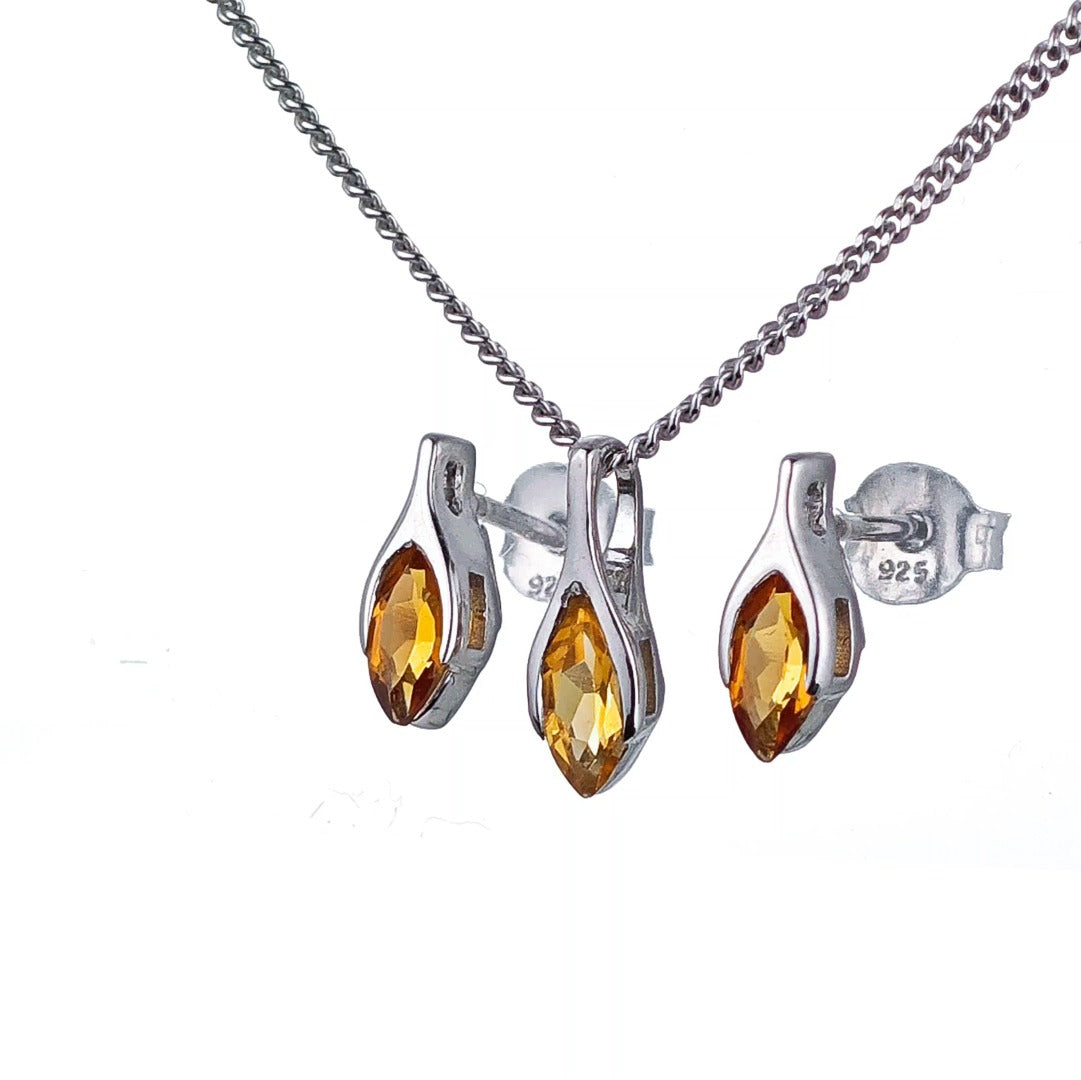 Citrine Set Necklace Earrings Sterling Silver Studs Minimalist Marquise