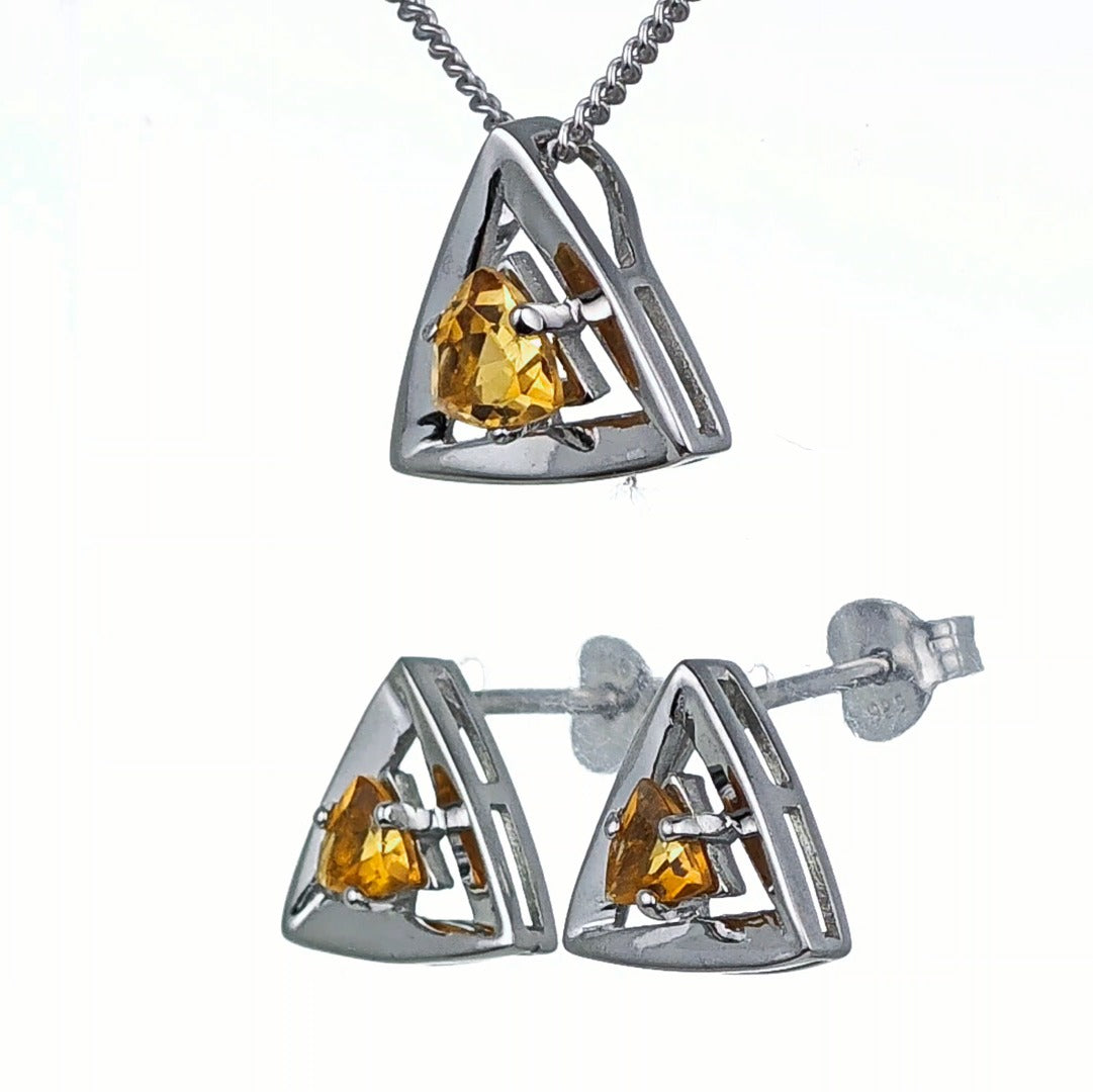 Citrine Set Necklace Earrings Sterling Silver Yellow Trillion