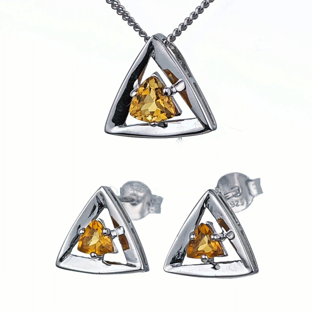 Citrine Set Necklace Earrings Sterling Silver Yellow Trillion