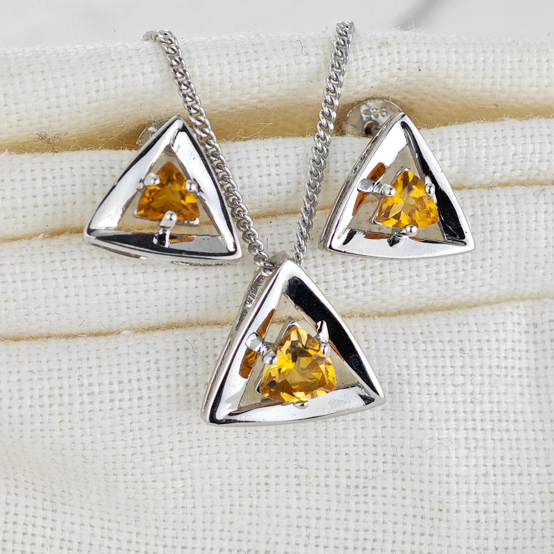 Citrine Set Necklace Earrings Sterling Silver Yellow Trillion