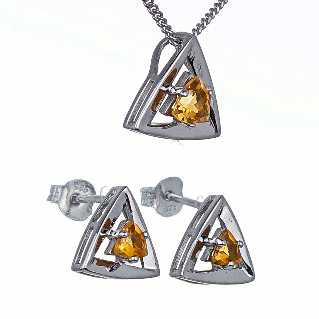 Citrine Set Necklace Earrings Sterling Silver Yellow Trillion