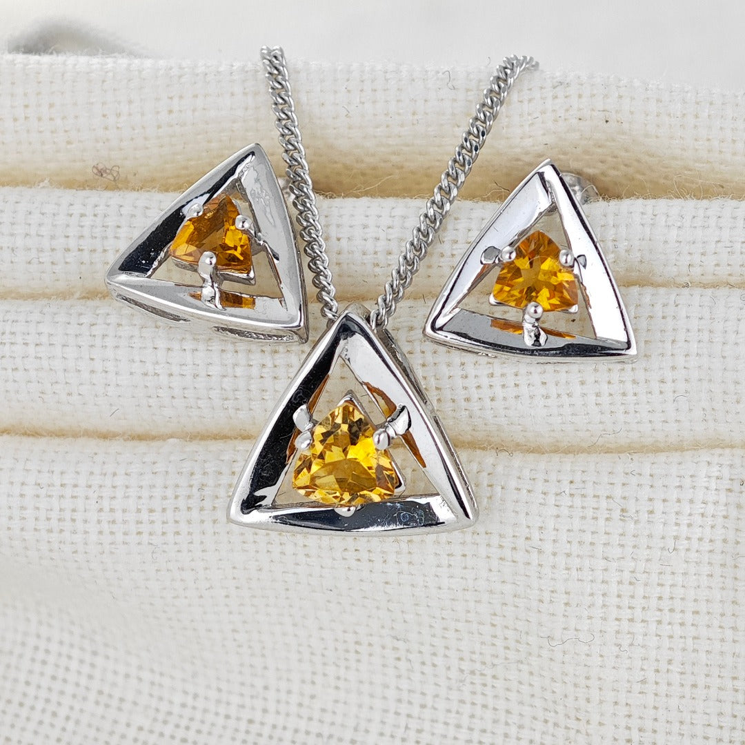 Citrine Set Necklace Earrings Sterling Silver Yellow Trillion