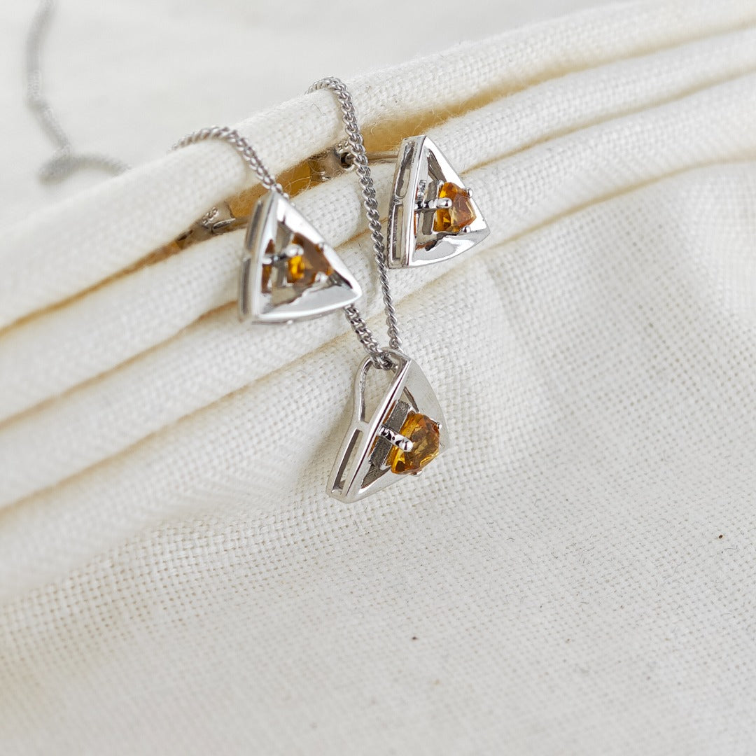 Citrine Set Necklace Earrings Sterling Silver Yellow Trillion