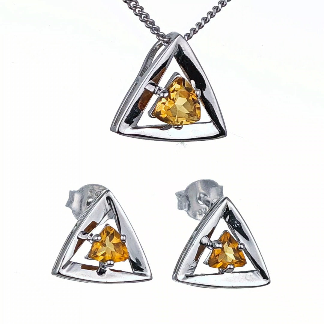 Citrine Set Necklace Earrings Sterling Silver Yellow Trillion