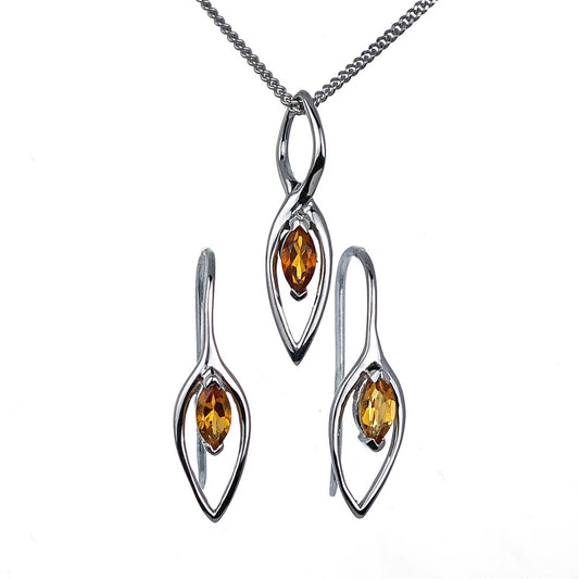 Citrine Set Earrings Pendant Sterling Silver Marquise Infinity Loop