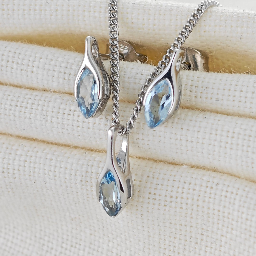 Blue Topaz Set Necklace Earrings Sterling Silver Studs Minimalist Marquise