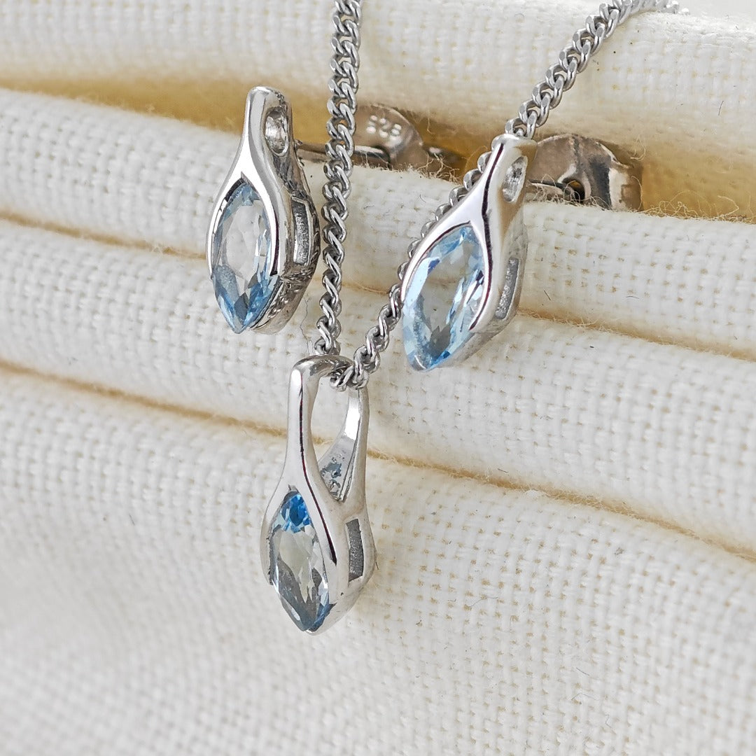 Blue Topaz Set Necklace Earrings Sterling Silver Studs Minimalist Marquise