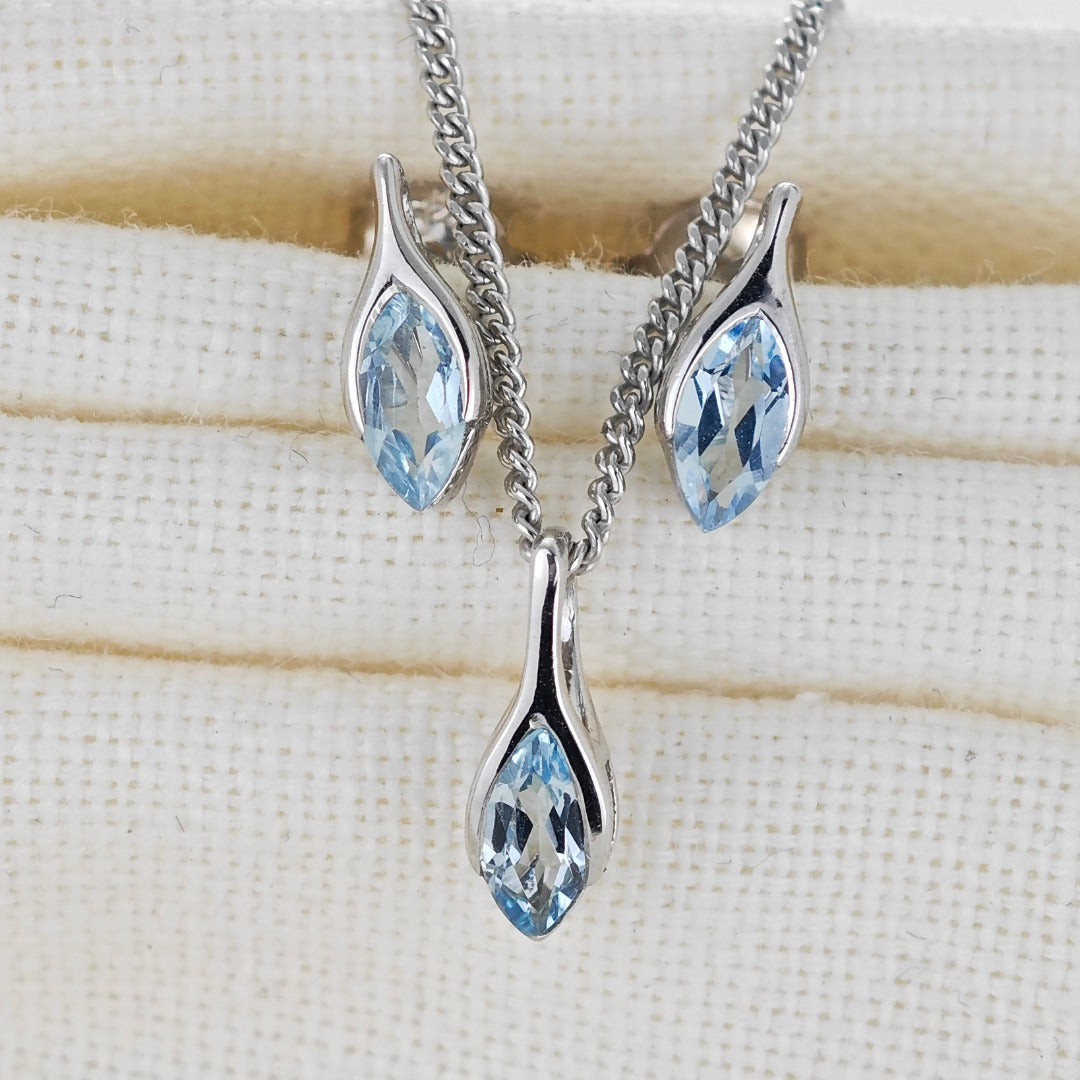 Blue Topaz Set Necklace Earrings Sterling Silver Studs Minimalist Marquise