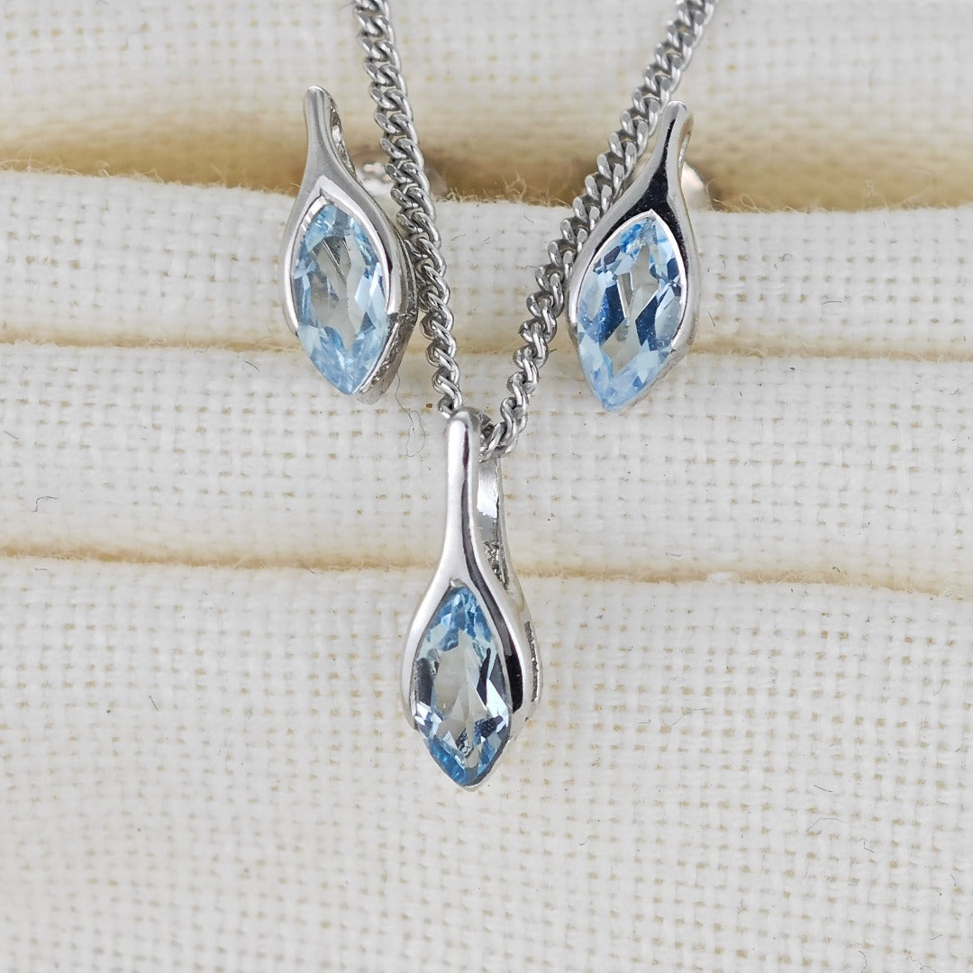 Blue Topaz Set Necklace Earrings Sterling Silver Studs Minimalist Marquise