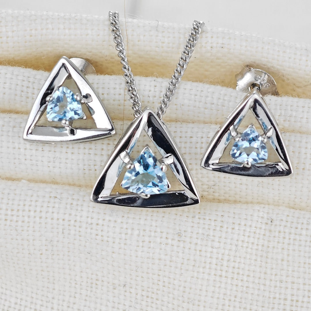 Blue Topaz Set Necklace Earrings Sterling Silver Studs Trillion