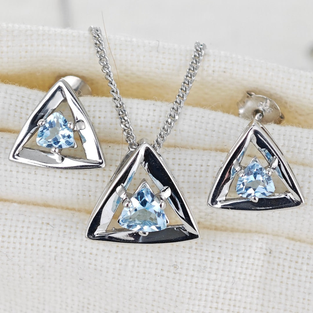 Blue Topaz Set Necklace Earrings Sterling Silver Studs Trillion