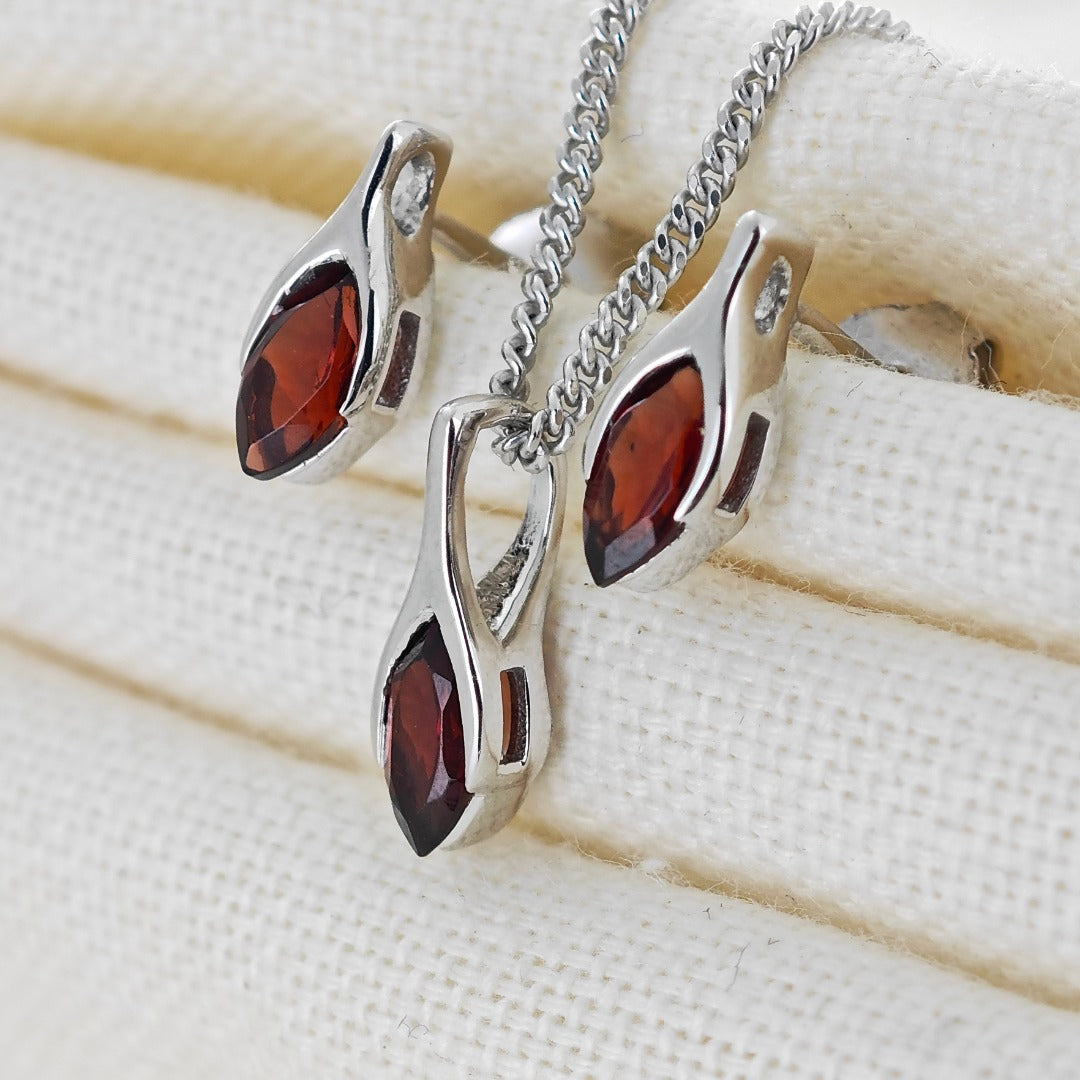 Garnet Set Necklace Earrings Sterling Silver Studs Minimalist Marquise