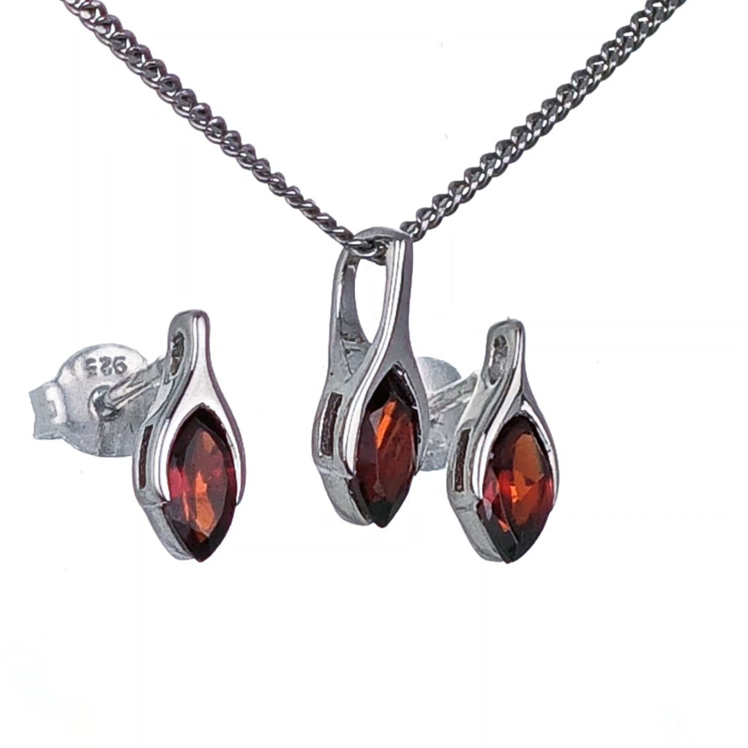 Garnet Set Necklace Earrings Sterling Silver Studs Minimalist Marquise