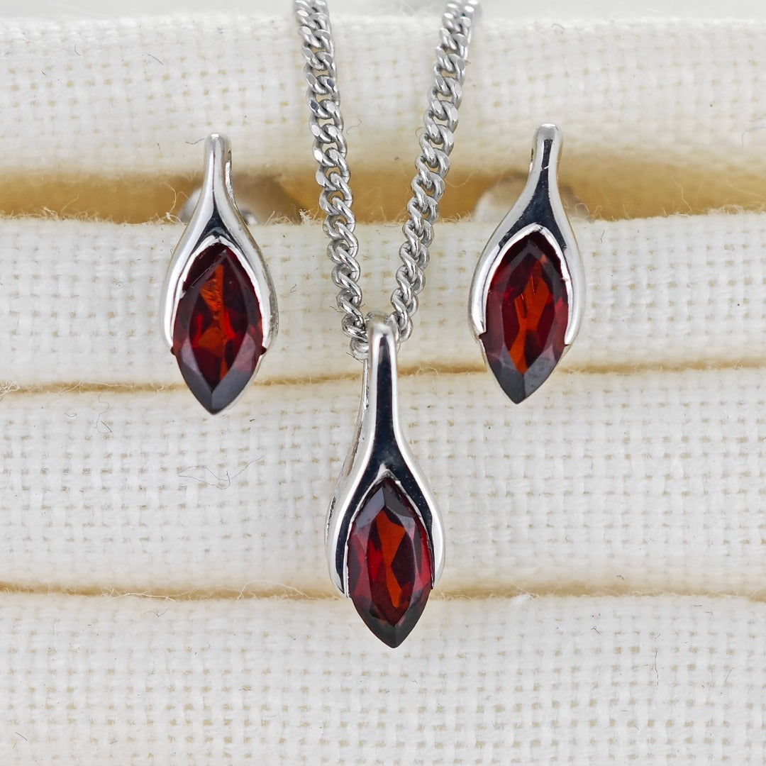 Garnet Set Necklace Earrings Sterling Silver Studs Minimalist Marquise