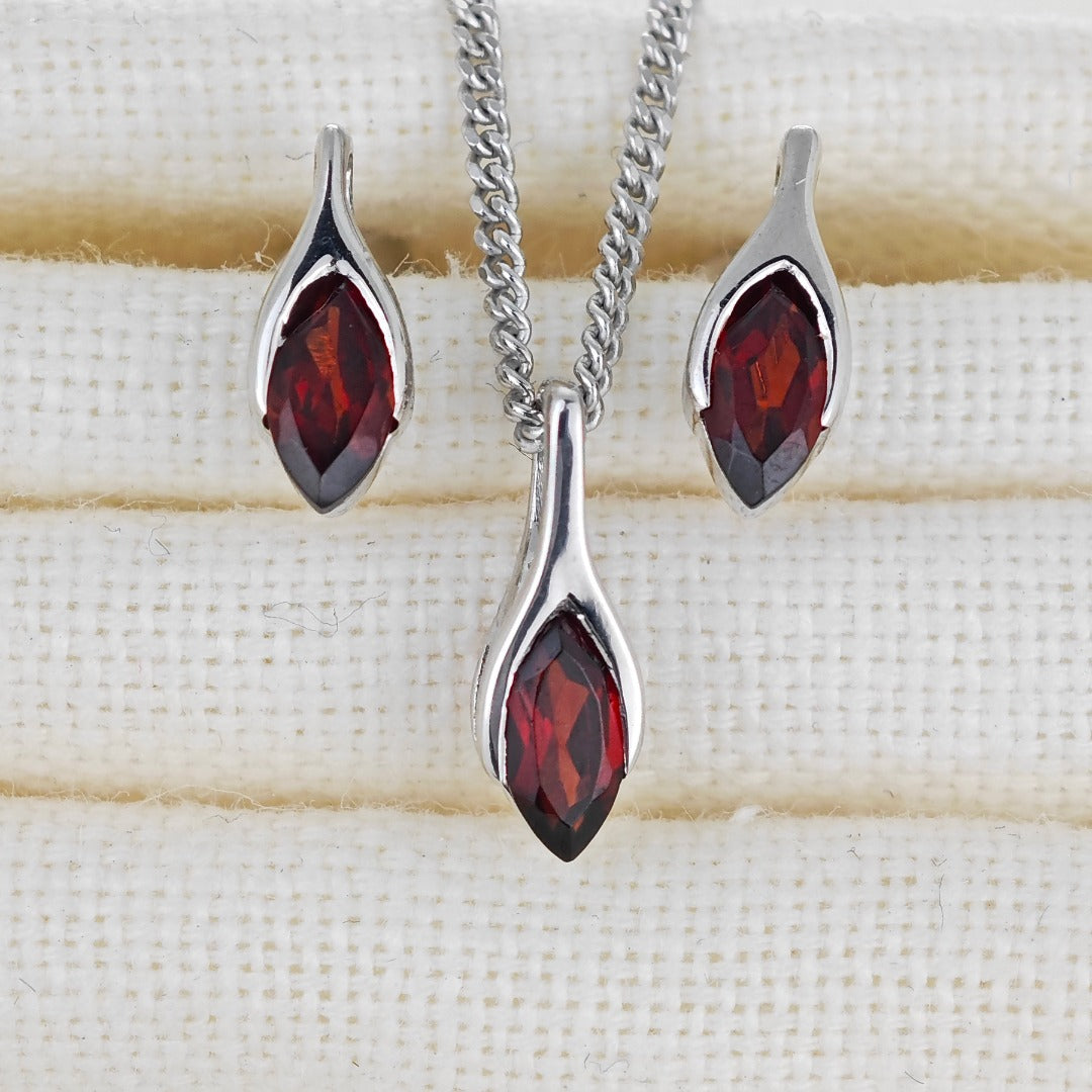 Garnet Set Necklace Earrings Sterling Silver Studs Minimalist Marquise