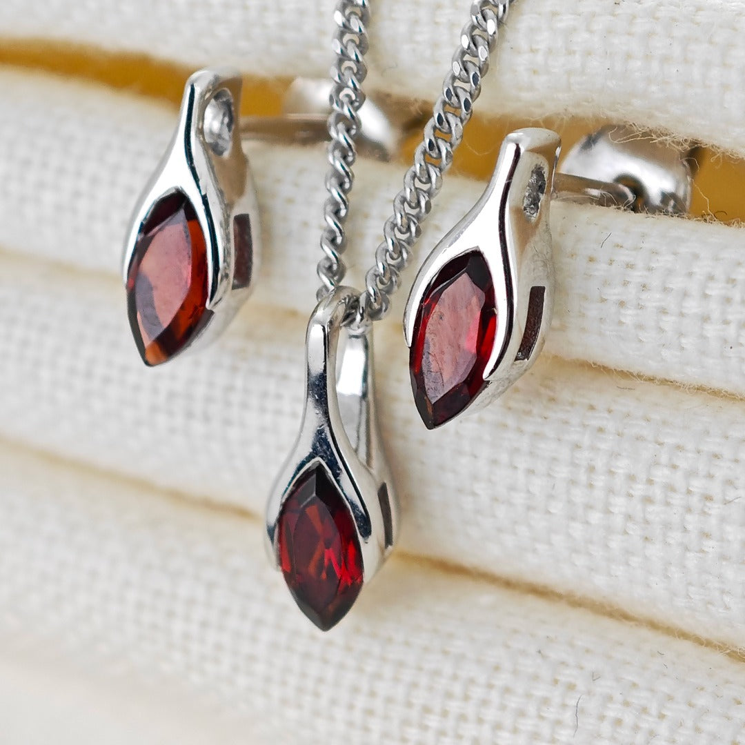 Garnet Set Necklace Earrings Sterling Silver Studs Minimalist Marquise