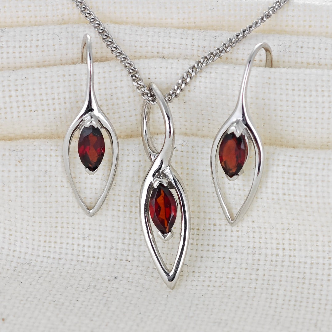 Garnet Set Earrings Pendant Sterling Silver Marquise Dangle