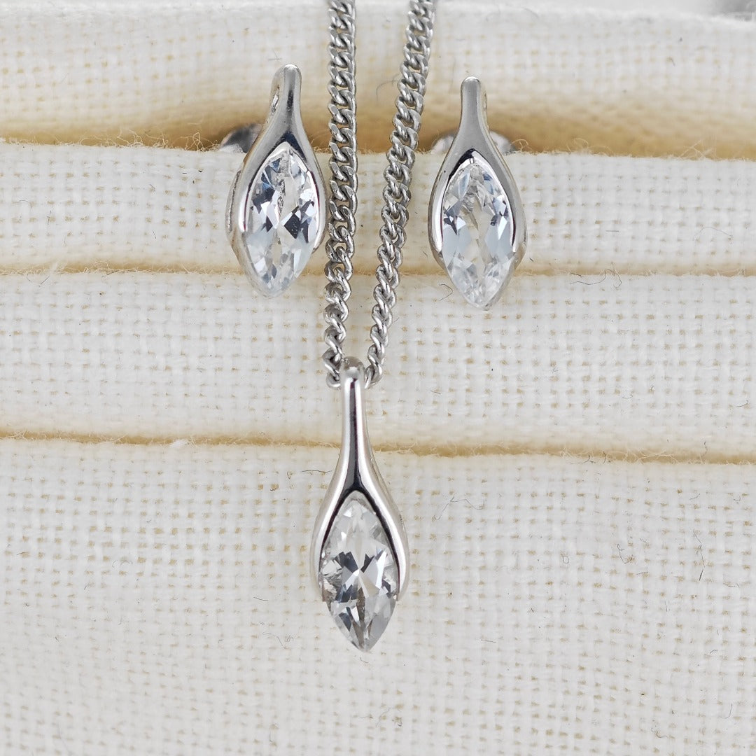 White Topaz Set Necklace Earrings Sterling Silver Studs Minimalist Marquise