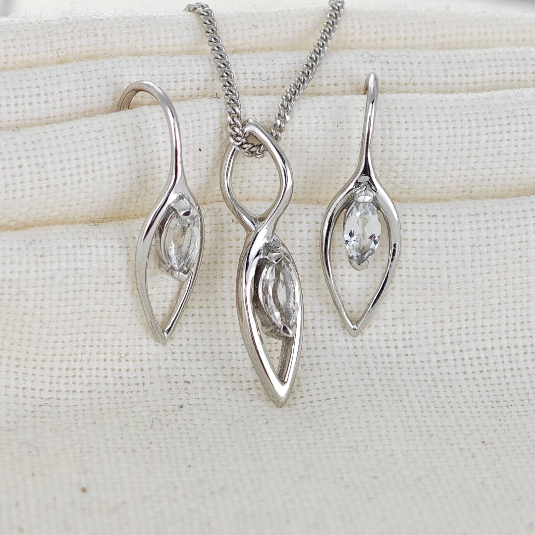 White Topaz Set Earrings Pendant Sterling Silver Marquise Infinity Loop