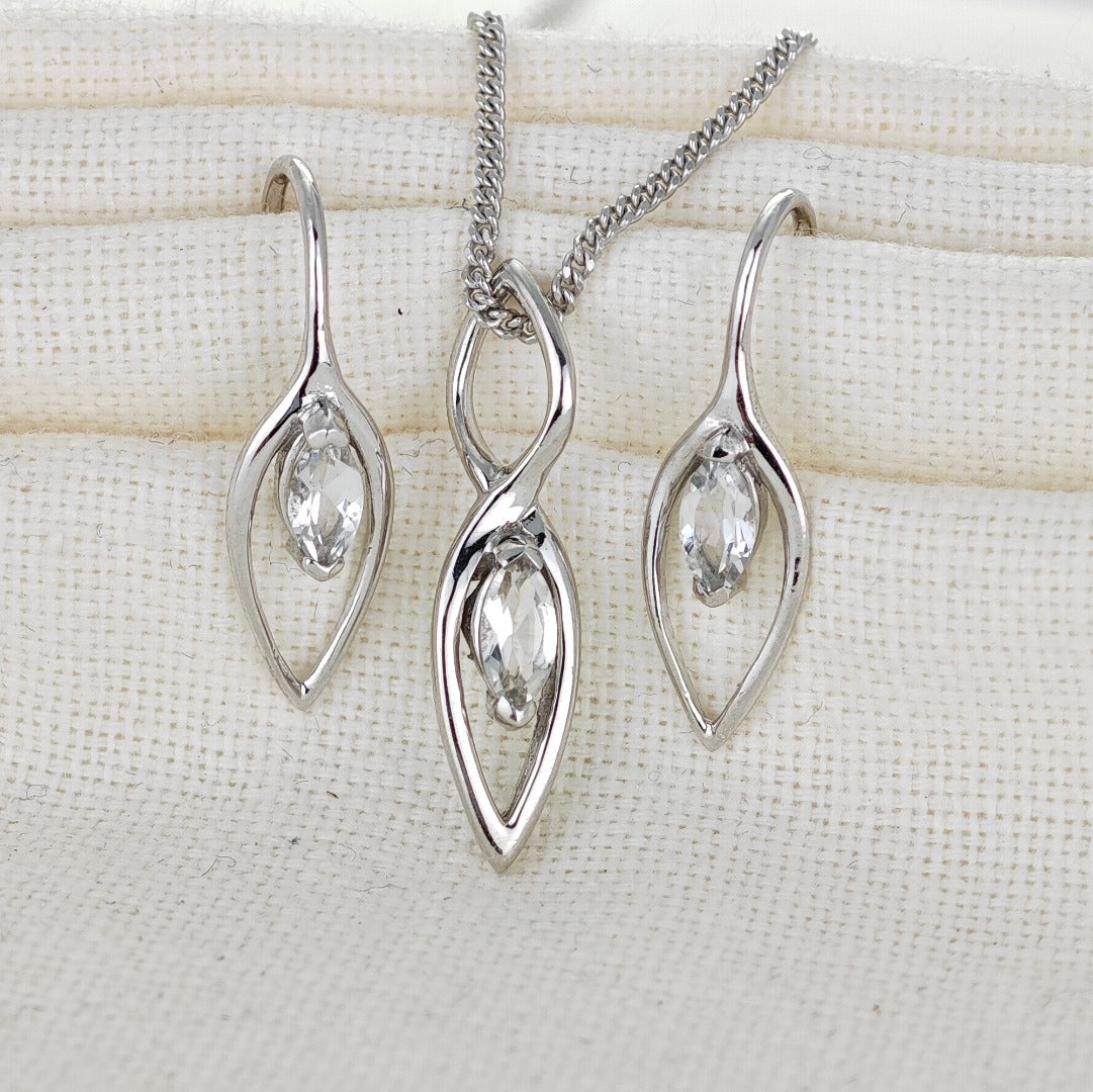 White Topaz Set Earrings Pendant Sterling Silver Marquise Infinity Loop