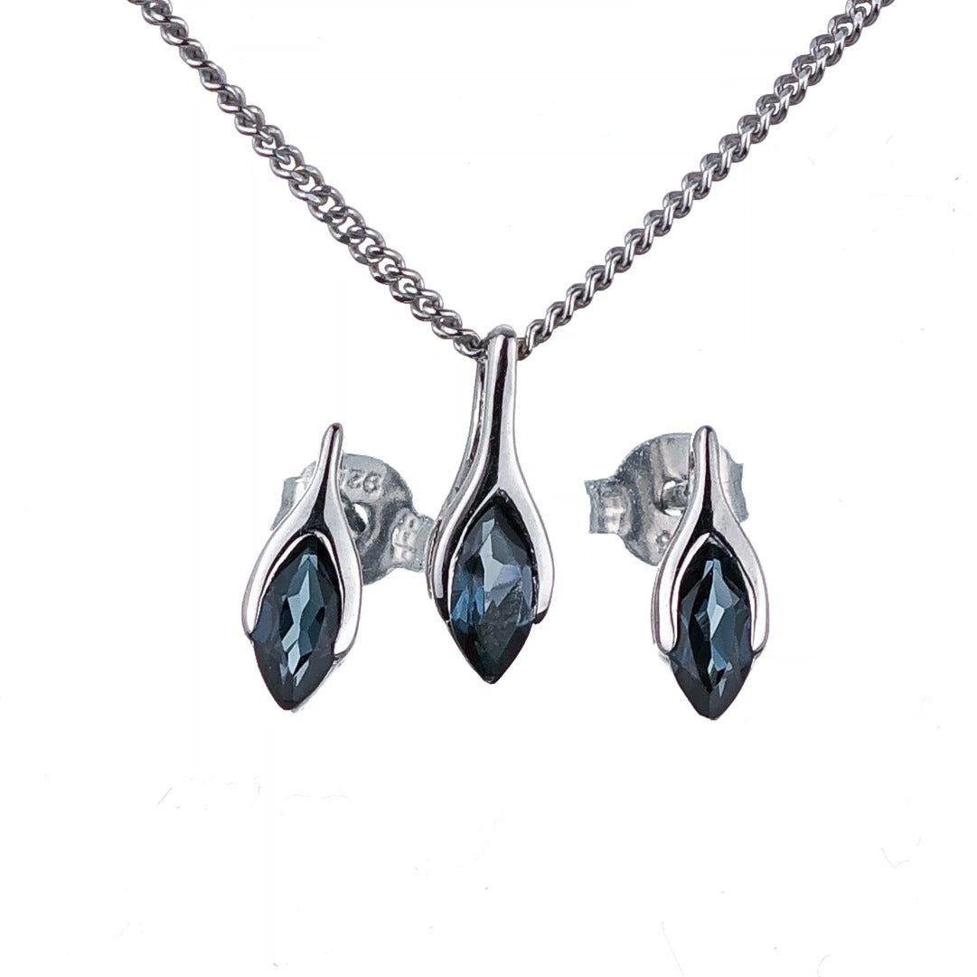 London Blue Topaz Set Necklace Earrings Sterling Silver Studs Minimalist Marquise