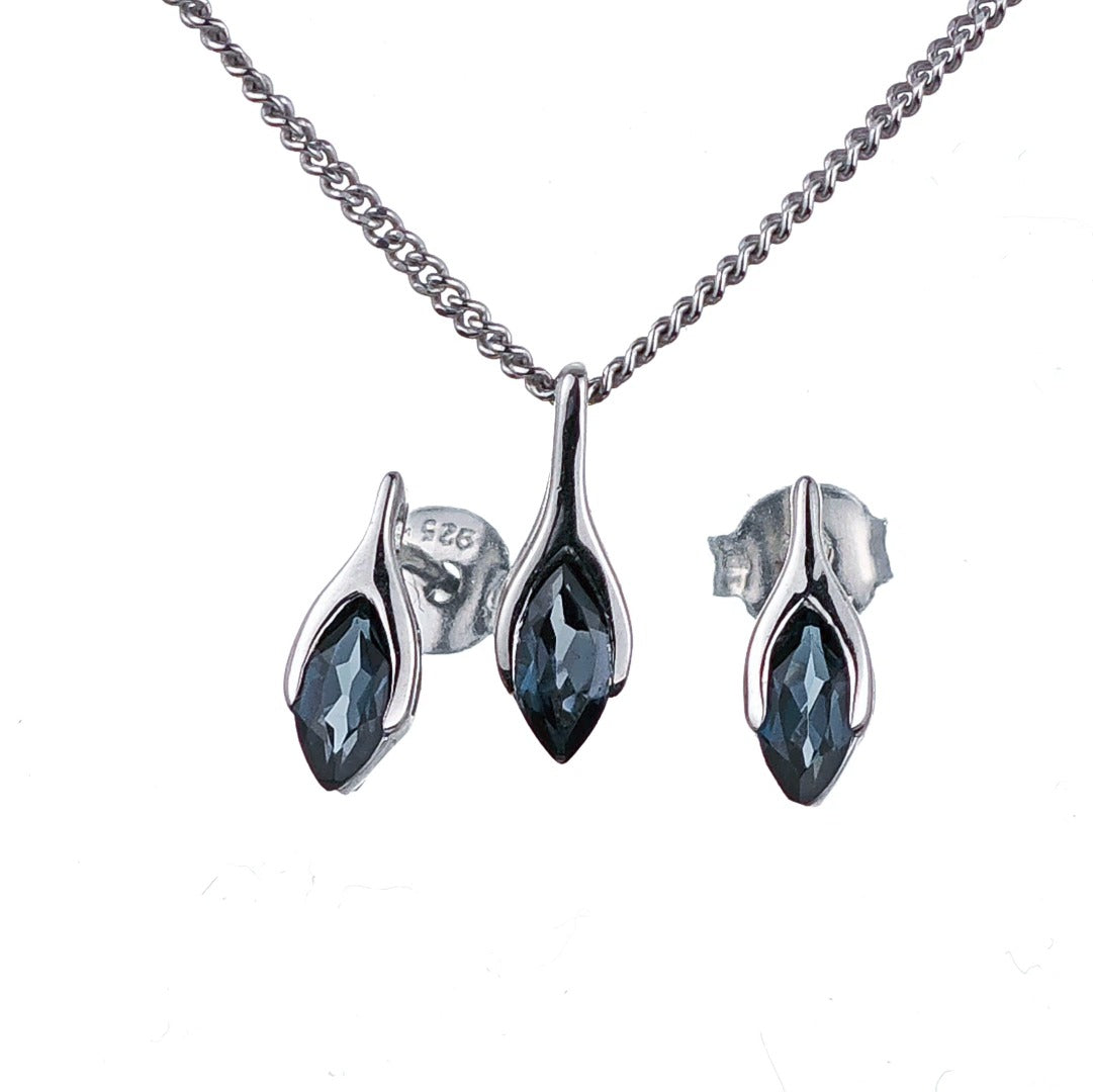 London Blue Topaz Set Necklace Earrings Sterling Silver Studs Minimalist Marquise